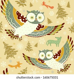 Flying owls. Seamless pattern with owls, wolf, fox, squirrel. Vector background.