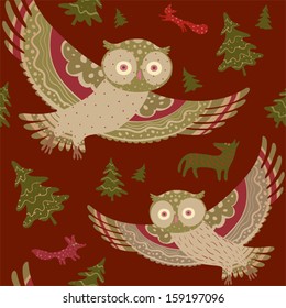 Flying owls. Vintage seamless pattern with forest animals: wolf, fox, owl, squirrel. Vector background.