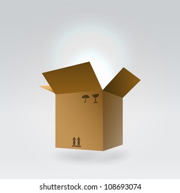 Flying package box glowing fom inside- magic gift concept