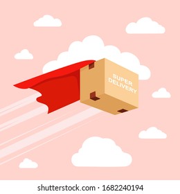Flying package Delivery. Superhero box. Vector template e-commerce, fast delivery service, parcel delivery.