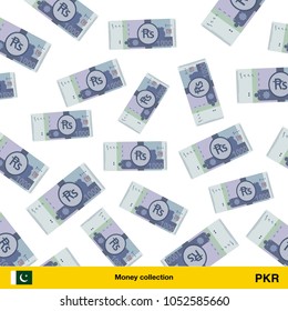 Flying Pakistan rupee banknotes. Money rain. Falling Pakistan rupee