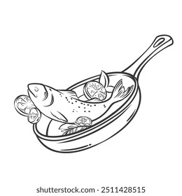 Flying pan with fish and herbs, tomato and lemon line icon. Outline frying gourmet seabream with vegetables and spices. Seafood recipe cooking mascot, hand drawn tasty bream pan vector illustration
