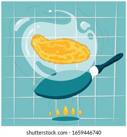 Flying pancake over a pan on the background of kitchen tiles