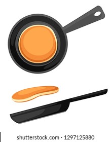 Flying pancakes and frying pan. Flat vector illustration isolated on white background. Breakfast icon. svg