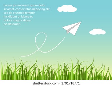 Flying Paper Airplane In Beautiful Green Grass Field With Blue Sky And White Clouds, Leave A Long Trail Behind. Vector Illustration. With Free Copy Space.