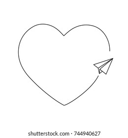 Flying paper airplane with big heart line art.