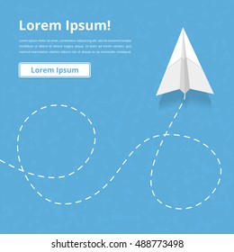 Flying paper airplane with dashed line, vector eps10 illustration