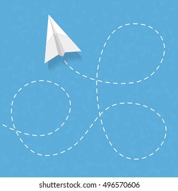 Flying paper airplane with dashed line, vector eps10 illustration