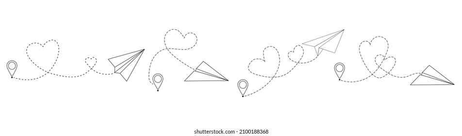Flying paper airplane with dotted air route and map pointer.Paper planes with a hearts.Valentines Day.Love travel route.Airplane line path icon .Heart shaped dotted line.Line vector icon.