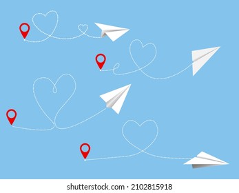 Flying paper airplane with dotted air route and map pointer.Paper planes with a hearts.Valentines Day.Love travel route.Airplane line path icon .