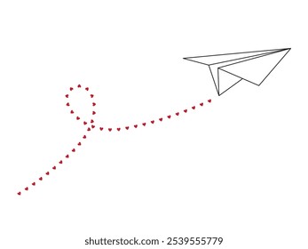 Um avião de papel voador deixando um rastro de corações ю Ilustração vetorial isolada sobre fundo branco