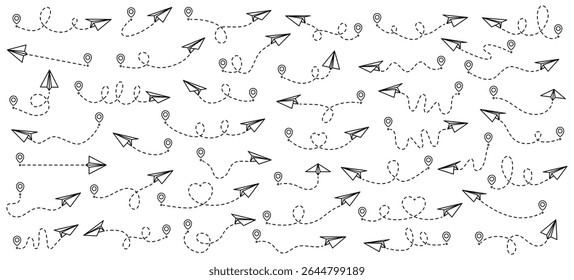Flying paper airplanes with dotted line path collection. Origami symbol. Sending message concept. Vector illustration isolated on white.