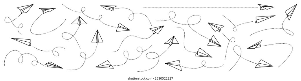 fliegende Papierflugzeuge, Handwerk handgefertigte DIY Origami, Pfade, Flugzeuge Tracking. Flugbahn, Reisen vom Startpunkt und gepunktete Streckenführung. Flugrouten gepunktete Flugrouten