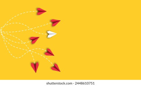 Fliegende Papierflieger. Neues Ideenkonzept. verändertes Geschäftsleben. Anderes Denken, Business Leader, Persönlichkeitsentwicklung Ideenkonzept.