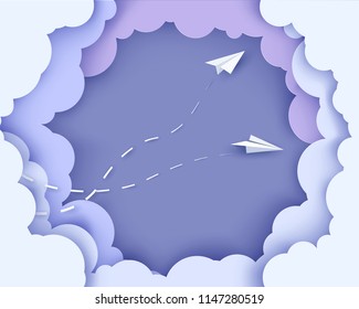 Flying paper airplanes on clouds background. Paper cut style. Vector illustration