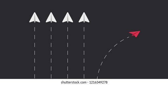 Flying paper airplanes. Think different, outside the box. Vector illustration. Dark horse among all. Stock vector paper planes. Not the same as another or each other