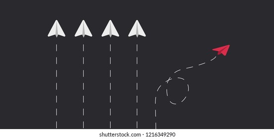 Flying paper airplanes. Think different, outside the box. Vector illustration. Dark horse among all. Stock vector paper planes. Not the same as another or each other