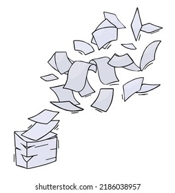 Flying Paper. Blank sheet. Thrown object. White trash. Cartoon flat illustration. Stack and pile of documents. Office element.