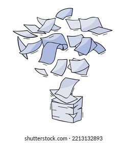 Flying Paper. Blank sheet. Thrown object. White trash. Cartoon flat illustration. Stack and pile of documents. Office element.