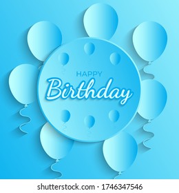 Flying Paper cut balloons. Blue Happy Birthday Greeting card