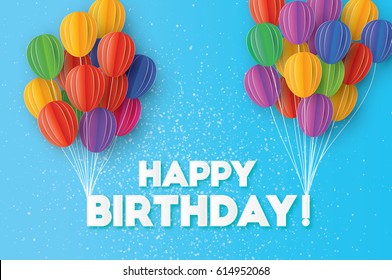 Flying Paper cut balloons. Colorful Happy Birthday Greeting card