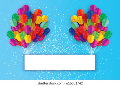 Flying Paper cut balloons with Rectangle frame. Colorful decoration for party, celebration, banner, card,gift. Happy Birthday Greeting card. Space for text. Rainbow Origami bunch baloon.Vector