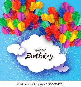 Flying Paper cut balloons in paper cut style. Colorful decoration for party, celebration, banner, card. Happy Birthday Greeting card. Cloud frame space for text. Rainbow Origami bunch baloon