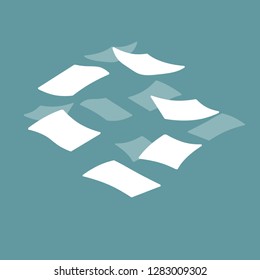 Flying paper file documents. Left office trash. The element of working with letters on a blue background. Cartoon flat illustration