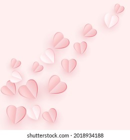 Flying paper hearts decoration isolated on soft pink background. Love symbol. Greeting card for Woman, Mother, Valentines Day. Vector illustration.