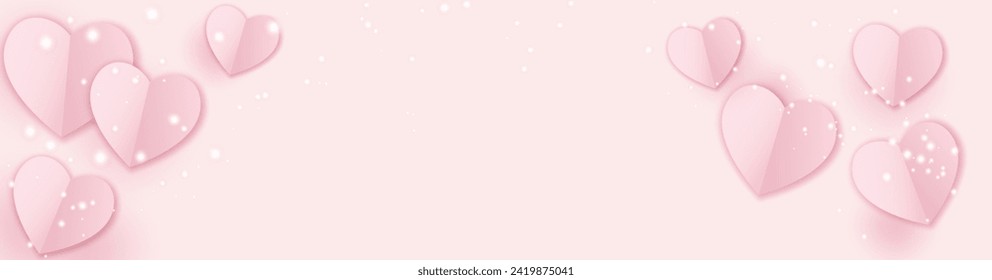 Flying paper hearts decoration isolated on soft pink background. Love symbol. Greeting card for Woman, Mother, Valentines Day. 