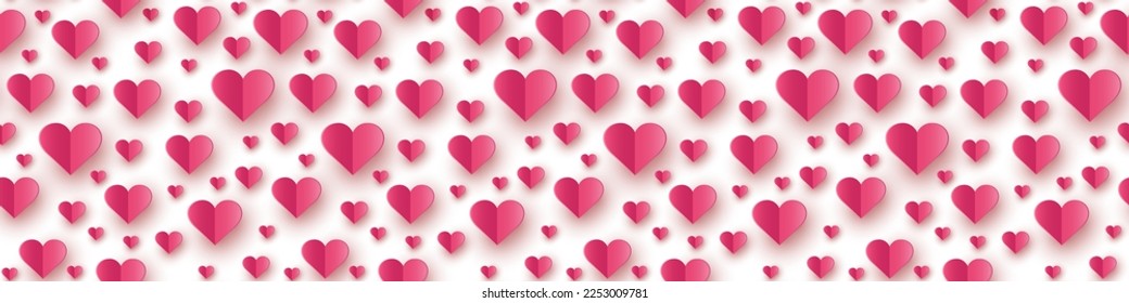 Flying paper hearts on white background. Seamless pattern with symbols of love for Valentine’s Day, Mother’s Day and Women’s Day. Banner. Vector illustration