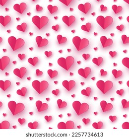 Flying paper hearts on white background. Seamless pattern with symbols of love for Valentine’s Day, Mother’s Day and Women’s Day. Vector illustration