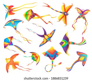 Fliegende Papierkite dekoriert bunte Bänder Set. Kinderspielzeug, Symbole des Indian Makar Sankranti Festivals, Schmetterling, Drachenfliege und Vogel, Goldfisch-Form Drachen-Cartographie-Vektorgrafik