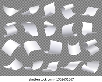 Flying Paper Pages. Falling Papers Documents Sheets, Document With Curved Corner And Fly Page Sheet. Office File Sheets Pages. 3D Realistic Paperwork Isolated Vector Objects Set