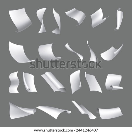Flying paper pages, icon set. Falling papers documents sheets. Curved corner and fly page sheet. Scattered office sheets in motion. Vector cartoon illustration