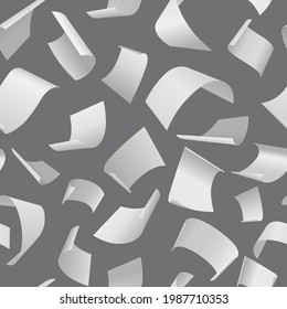 Flying Paper Pattern. Seamless Texture Of Falling Document Pages. Realistic Blank Note Sheets With Curled Edges. Blown Away White Letters. Office Stationery. Vector Background Mockup