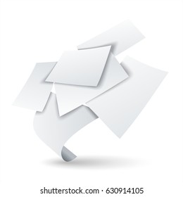 Flying Paper Pile, Clean Sheets Chaos, Vector Illustration.