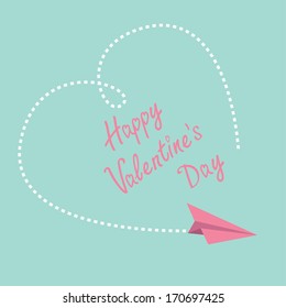 Flying paper plane. Big dash heart in the sky. Happy Valentines Day card.  Vector illustration.