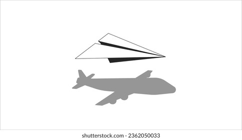 Flying paper plane black and white lo fi aesthetic wallpaper. Shadow of plane. Traveling outline 2D vector cartoon object illustration, monochrome lofi background. Bw 90s retro album art, chill vibes