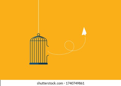 Flying paper plane and cage. Freedom concept. Emotion of freedom and happiness. Minimalist style.	