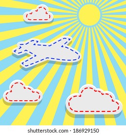 Flying paper plane with paper clouds
