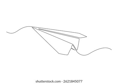 Flying paper plane in continuous one line drawing. Single line art illustration of paper plane. Editable vector.