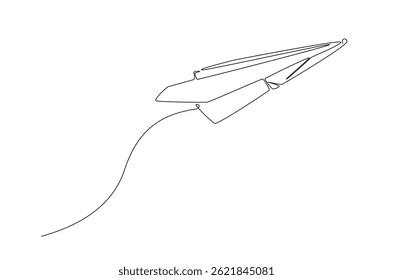 Flying paper plane in continuous one line drawing. Single line art illustration of paper plane. Editable vector.