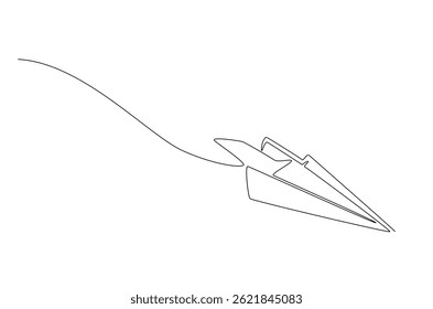 Plano de papel volador en dibujo continuo de una línea. Ilustración de arte de una sola línea de plano de papel. Vector editable.