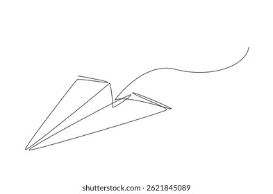 Flying paper plane in continuous one line drawing. Single line art illustration of paper plane. Editable vector.