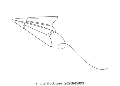 Flying paper plane in continuous one line drawing. Single line art illustration of paper plane. Editable vector.