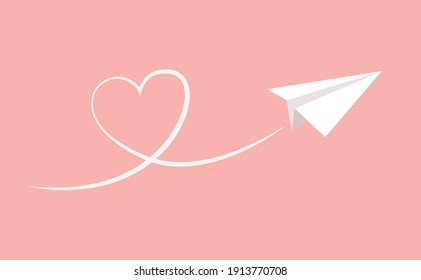 flying paper plane craft art with heart shape line style, romantic love ornament vector graphic