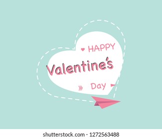 Flying paper plane with dash heart Happy Valentines Day card. Vector illustration