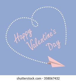 Flying paper plane. Dashed heart in the sky. Happy Valentines Day card. Flat design. Serenity, pink rose quartz color. Vector illustration.