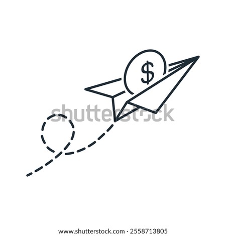 Flying paper plane with dollar coin. Concept of money transfers, transactions, online payments. Vector linear icon isolated on white background.